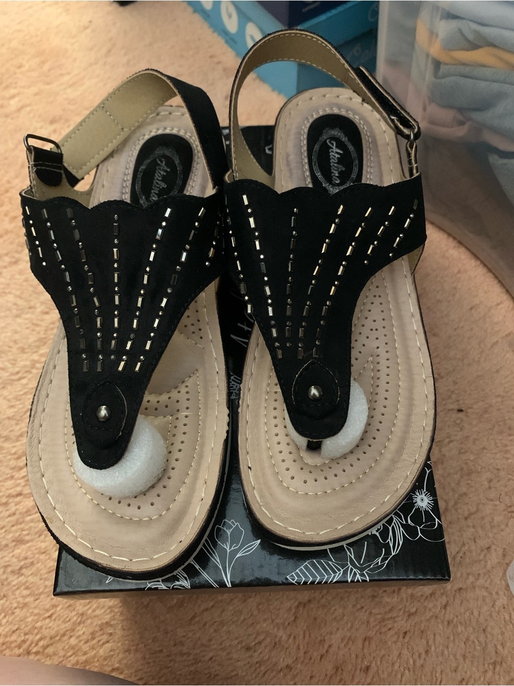 Black and Beige Decorative Slingback Sandals